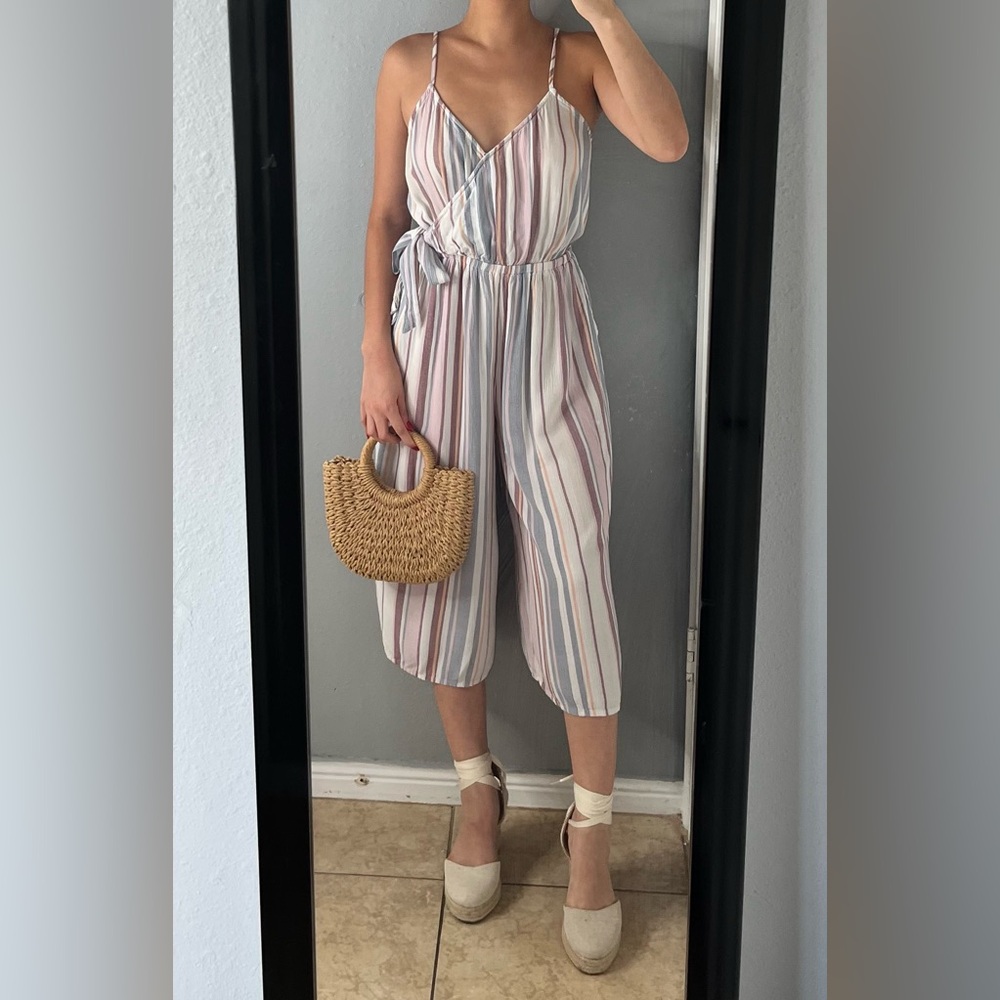 Striped culotte wide leg tiewaist jumpsuit M| coastal resortwear vacation travel